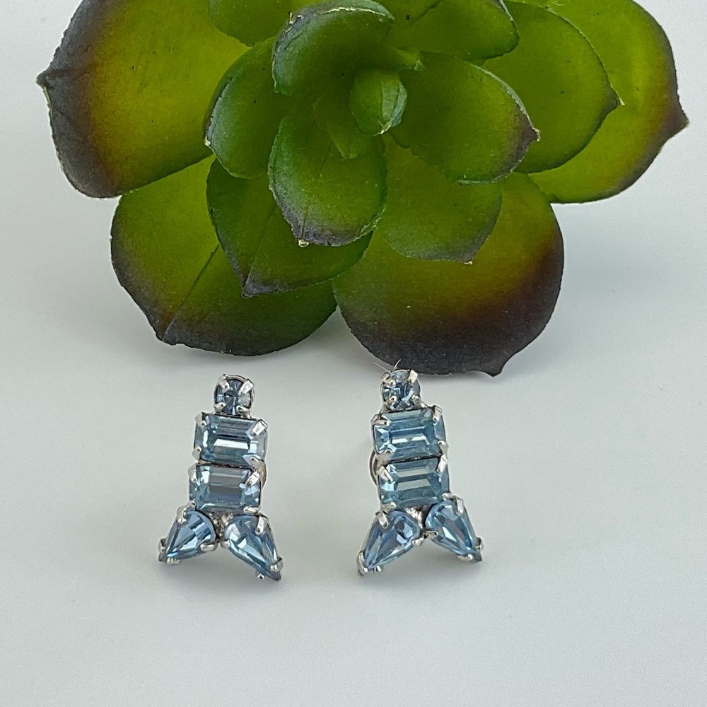 Vtg Sky Blue Rhinestone Earrings, MCM, Rockets, Atomic Age, New Ear Posts